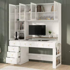 Hitow 63 Bureau Blanc avec Étagère et Rangement Portes en Verre Canelé Bombé, Dispositif Anti-Basculement pour Bureau à Domicile
