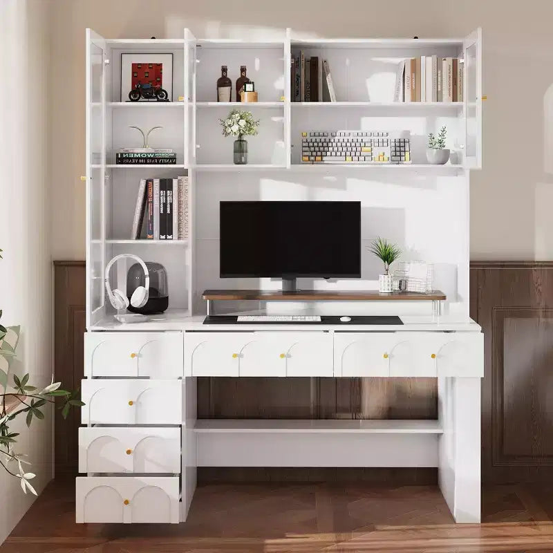 Hitow 63 Bureau Blanc avec Étagère et Rangement Portes en Verre Canelé Bombé, Dispositif Anti-Basculement pour Bureau à Domicile