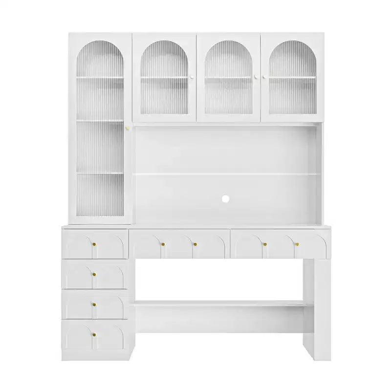 Hitow 63 Bureau Blanc avec Étagère et Rangement Portes en Verre Canelé Bombé, Dispositif Anti-Basculement pour Bureau à Domicile