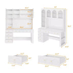 Hitow 63 Bureau Blanc avec Étagère et Rangement Portes en Verre Canelé Bombé, Dispositif Anti-Basculement pour Bureau à Domicile