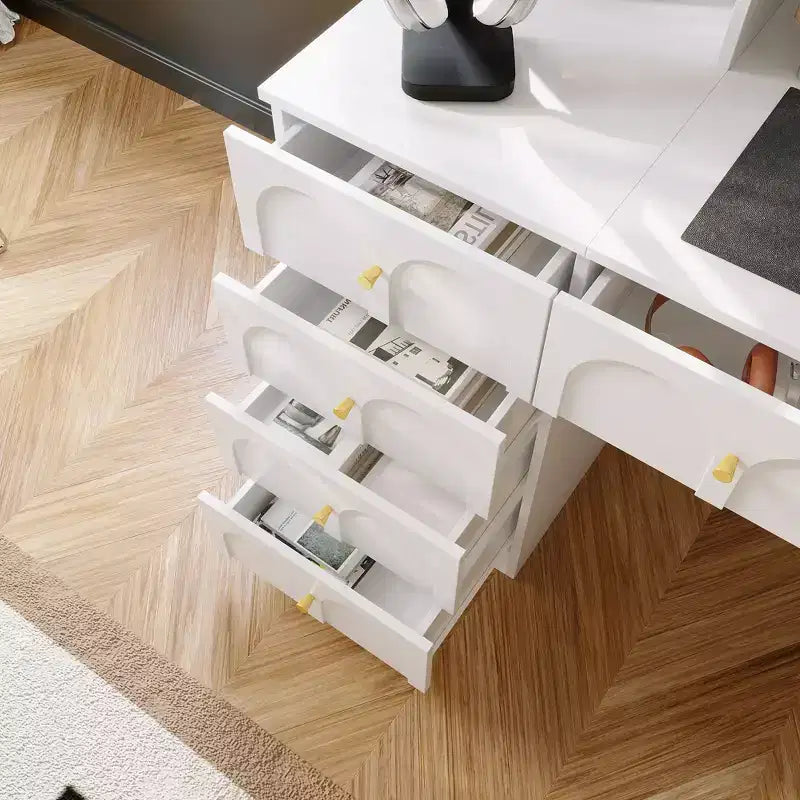 Hitow 63 Bureau Blanc avec Étagère et Rangement Portes en Verre Canelé Bombé, Dispositif Anti-Basculement pour Bureau à Domicile