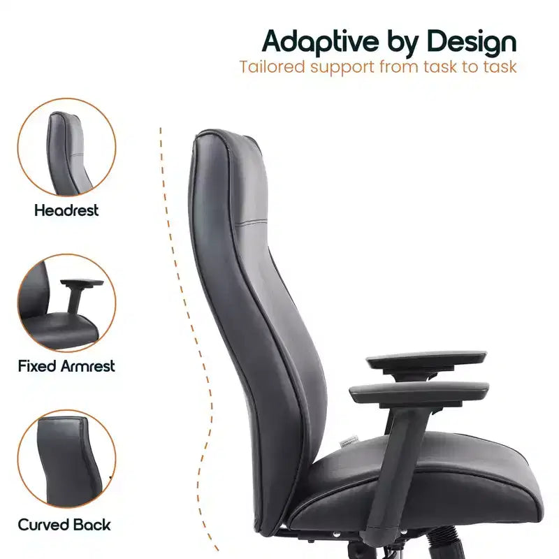 Chaise de bureau de direction Maxwell à dossier haut et revêtement en cuir PU, hauteur et accoudoirs réglables, mécanisme synchrone et pivotant à 360°, chaise de bureau ergonomique
