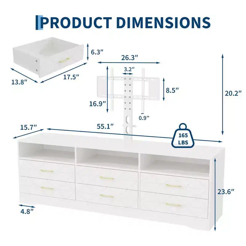 Meuble TV Acekool 6 tiroirs pour salon/chambre avec support, meuble de rangement multimédia en bois, plusieurs couleurs