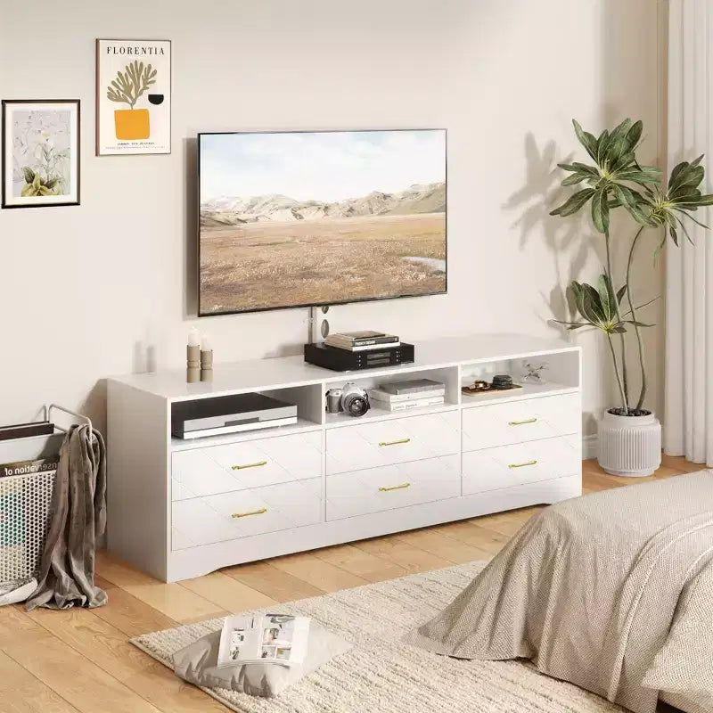 Meuble TV Acekool 6 tiroirs pour salon/chambre avec support, meuble de rangement multimédia en bois, plusieurs couleurs