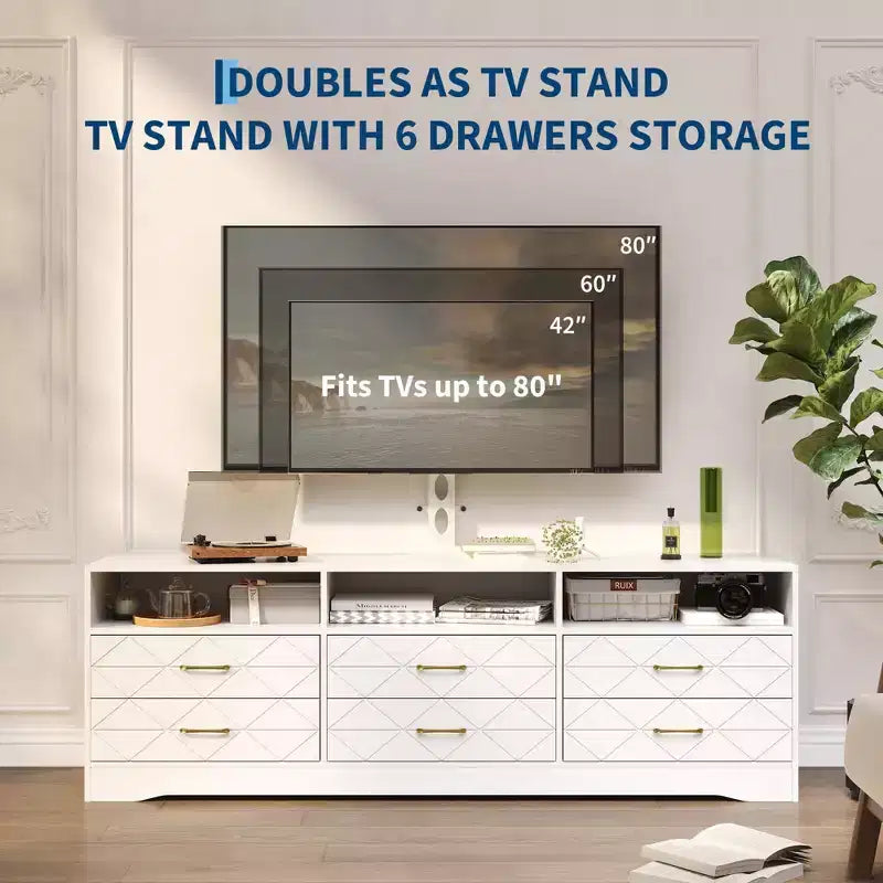 Meuble TV Acekool 6 tiroirs pour salon/chambre avec support, meuble de rangement multimédia en bois, plusieurs couleurs