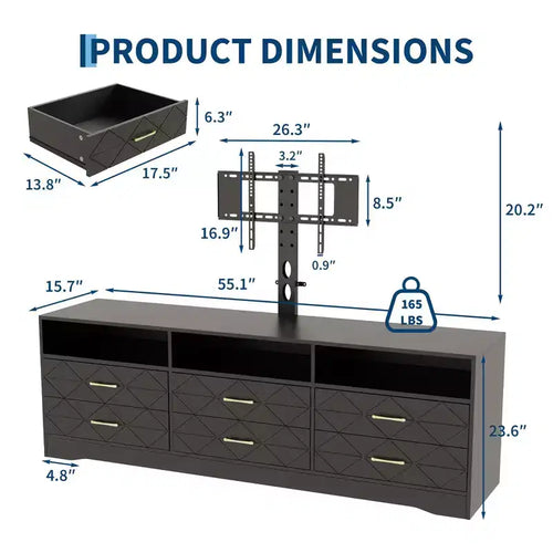 Meuble TV Acekool 6 tiroirs pour salon/chambre avec support, meuble de rangement multimédia en bois, plusieurs couleurs