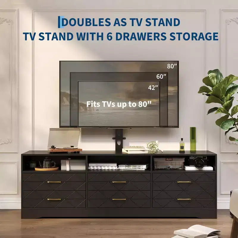 Meuble TV Acekool 6 tiroirs pour salon/chambre avec support, meuble de rangement multimédia en bois, plusieurs couleurs