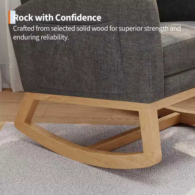 Fauteuil à bascule pour chambre de bébé avec repose-pieds réglable, fauteuil à bascule planant à dossier haut en lin avec pieds en bois pour salon, chambre à coucher et chambre de bébé