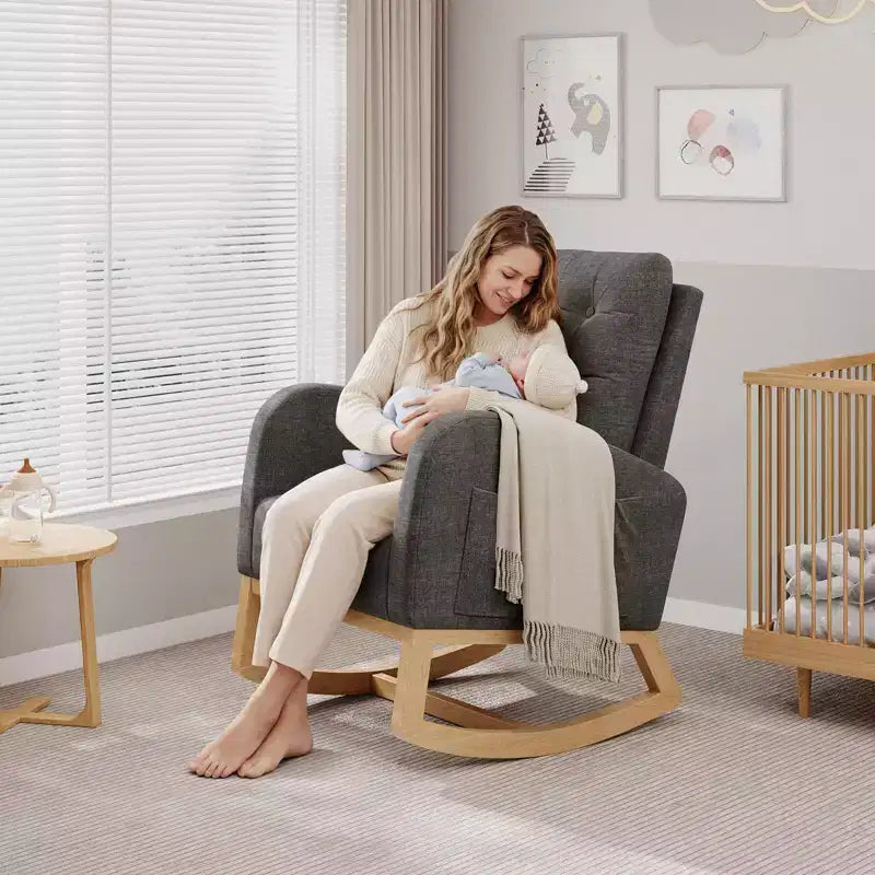 Fauteuil à bascule pour chambre de bébé avec repose-pieds réglable, fauteuil à bascule planant à dossier haut en lin avec pieds en bois pour salon, chambre à coucher et chambre de bébé