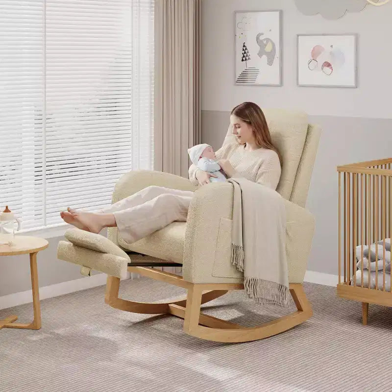 Fauteuil à bascule pour chambre de bébé avec repose-pieds réglable, fauteuil à bascule planant à dossier haut en lin avec pieds en bois pour salon, chambre à coucher et chambre de bébé