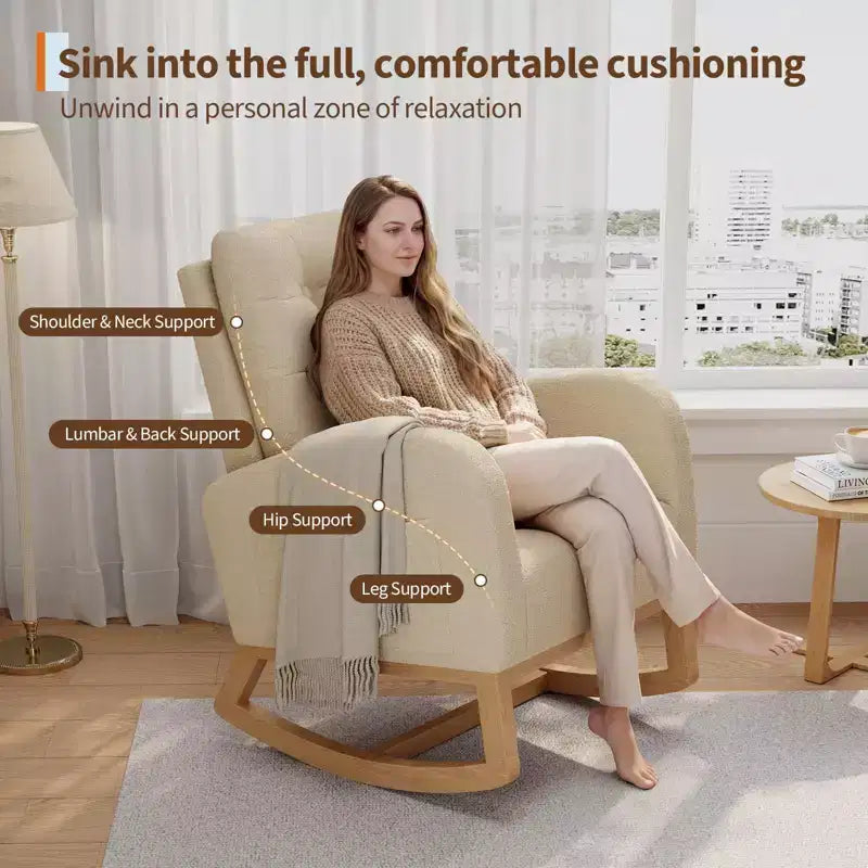Fauteuil à bascule pour chambre de bébé avec repose-pieds réglable, fauteuil à bascule planant à dossier haut en lin avec pieds en bois pour salon, chambre à coucher et chambre de bébé