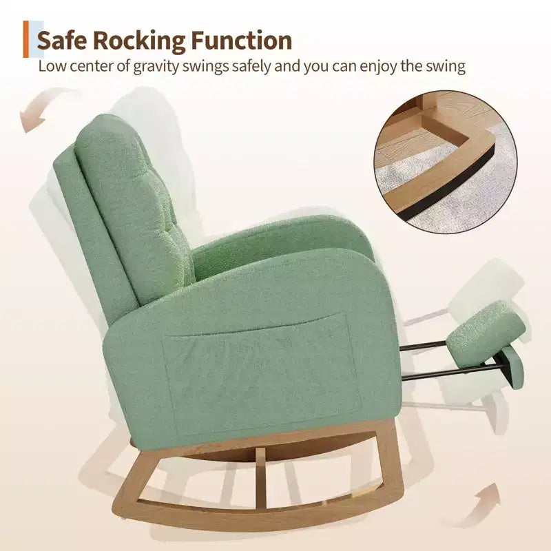 Fauteuil à bascule pour chambre de bébé avec repose-pieds réglable, fauteuil à bascule planant à dossier haut en lin avec pieds en bois pour salon, chambre à coucher et chambre de bébé