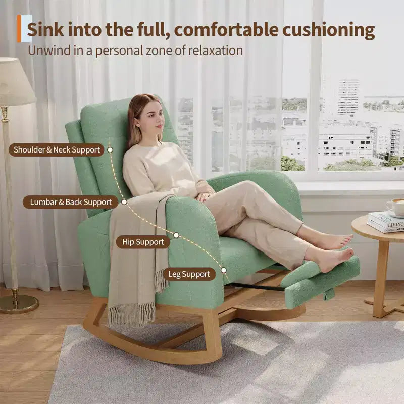 Fauteuil à bascule pour chambre de bébé avec repose-pieds réglable, fauteuil à bascule planant à dossier haut en lin avec pieds en bois pour salon, chambre à coucher et chambre de bébé