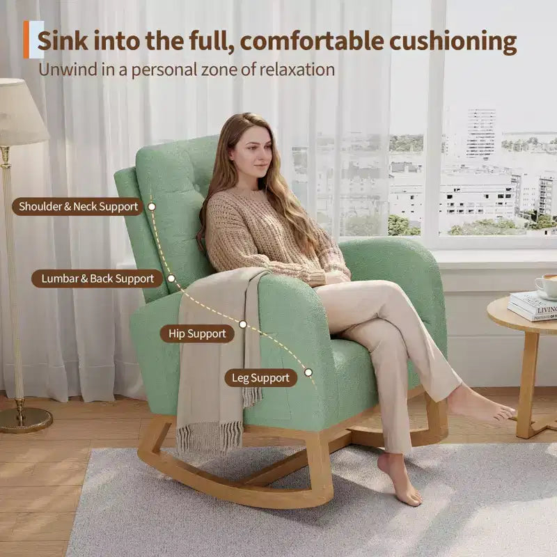 Fauteuil à bascule pour chambre de bébé avec repose-pieds réglable, fauteuil à bascule planant à dossier haut en lin avec pieds en bois pour salon, chambre à coucher et chambre de bébé