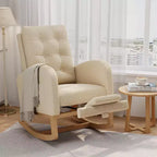 Fauteuil à bascule pour chambre de bébé avec repose-pieds réglable, fauteuil à bascule planant à dossier haut en lin avec pieds en bois pour salon, chambre à coucher et chambre de bébé