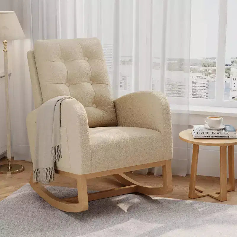 Fauteuil à bascule pour chambre de bébé avec repose-pieds réglable, fauteuil à bascule planant à dossier haut en lin avec pieds en bois pour salon, chambre à coucher et chambre de bébé