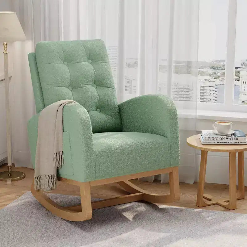 Fauteuil à bascule pour chambre de bébé avec repose-pieds réglable, fauteuil à bascule planant à dossier haut en lin avec pieds en bois pour salon, chambre à coucher et chambre de bébé