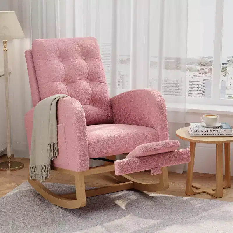 Fauteuil à bascule pour chambre de bébé avec repose-pieds réglable, fauteuil à bascule planant à dossier haut en lin avec pieds en bois pour salon, chambre à coucher et chambre de bébé