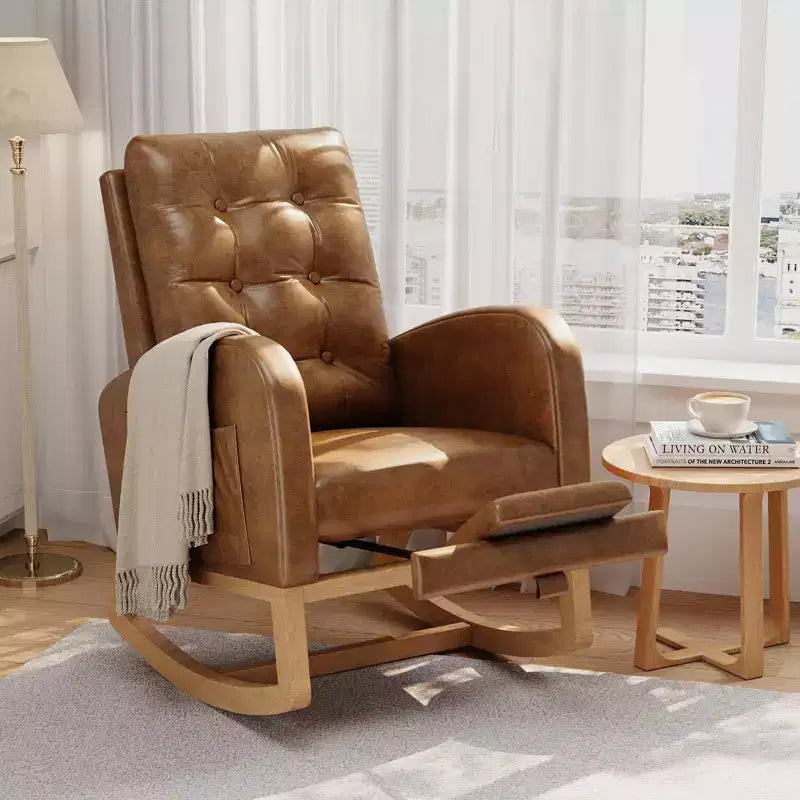 Fauteuil à bascule pour chambre de bébé avec repose-pieds réglable, fauteuil à bascule planant à dossier haut en lin avec pieds en bois pour salon, chambre à coucher et chambre de bébé