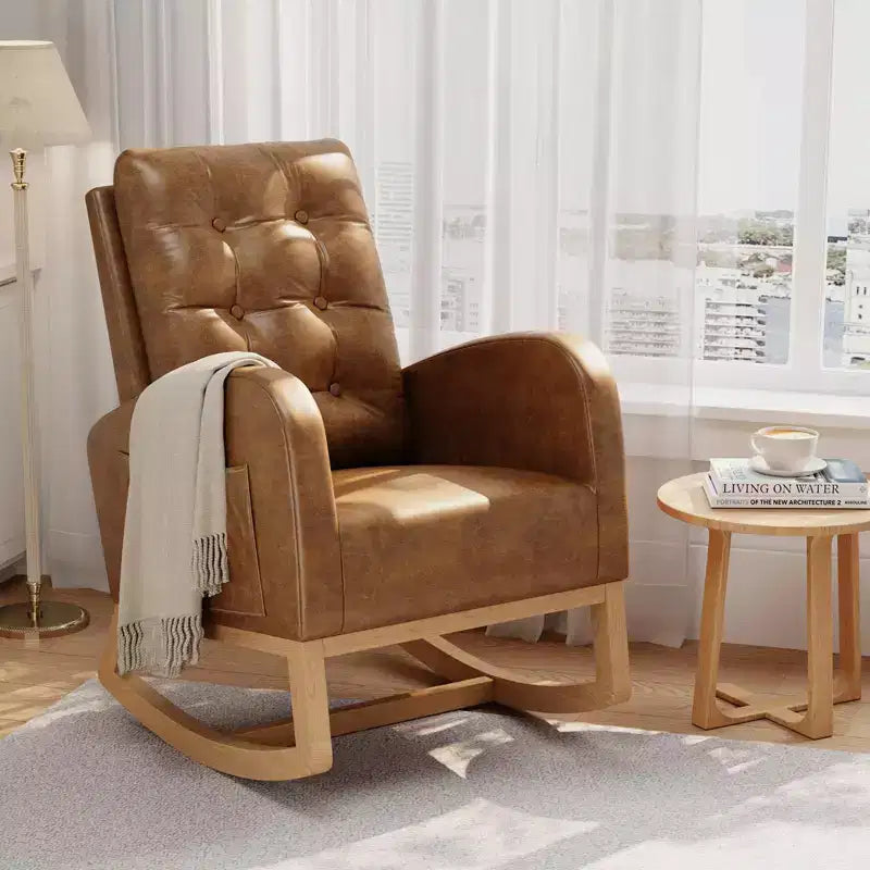 Fauteuil à bascule pour chambre de bébé avec repose-pieds réglable, fauteuil à bascule planant à dossier haut en lin avec pieds en bois pour salon, chambre à coucher et chambre de bébé