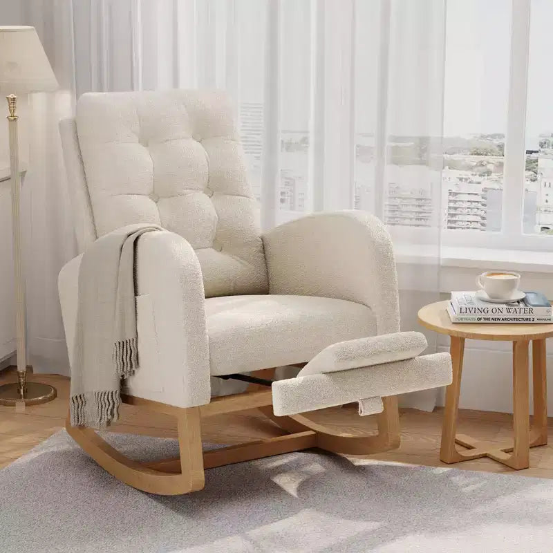 Fauteuil à bascule pour chambre de bébé avec repose-pieds réglable, fauteuil à bascule planant à dossier haut en lin avec pieds en bois pour salon, chambre à coucher et chambre de bébé