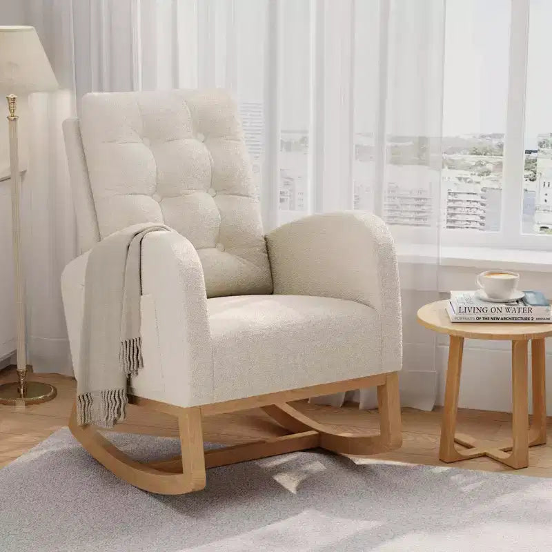 Fauteuil à bascule pour chambre de bébé avec repose-pieds réglable, fauteuil à bascule planant à dossier haut en lin avec pieds en bois pour salon, chambre à coucher et chambre de bébé