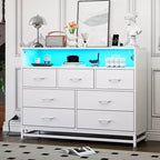 Commode à 7 tiroirs, Commode en bois avec lumières LED et station de charge, Commode avec grande capacité de rangement pour chambre, salon, couloir