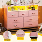 Commode à 7 tiroirs, Commode en bois avec lumières LED et station de charge, Commode avec grande capacité de rangement pour chambre, salon, couloir