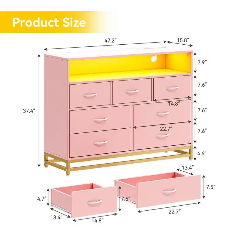 Commode à 7 tiroirs, Commode en bois avec lumières LED et station de charge, Commode avec grande capacité de rangement pour chambre, salon, couloir