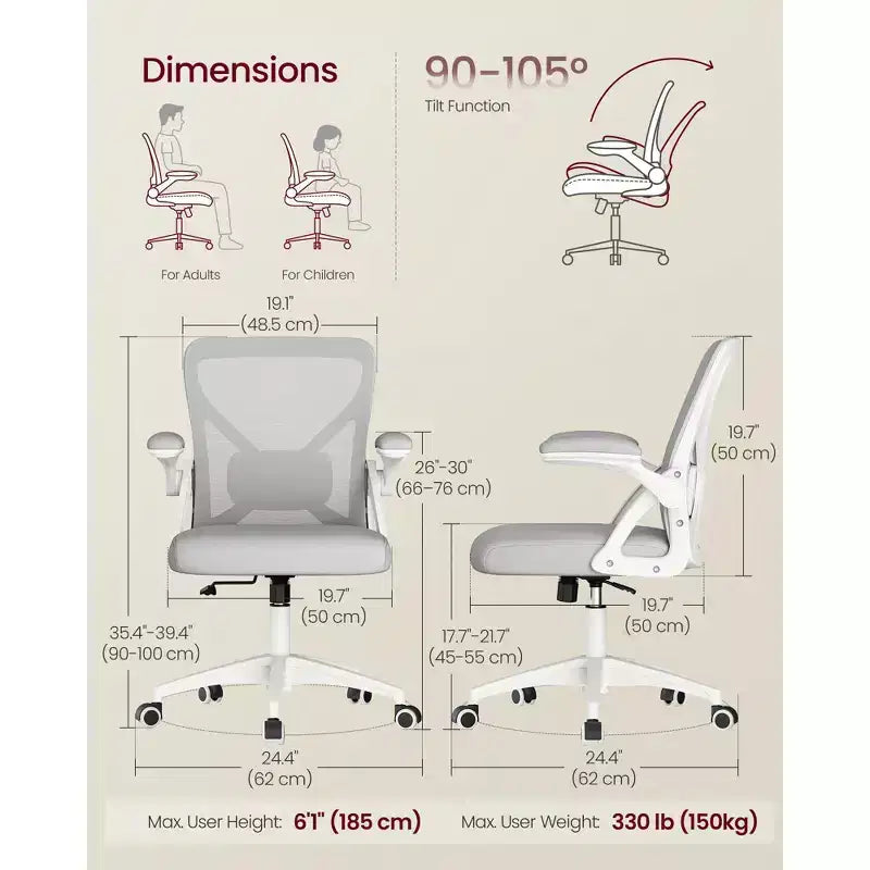 VASAGLE Chaise de Bureau Ergonomique en Maille avec Support Lombaire Réglable, Fonction d'Inclinaison 90-105°, Siège Large, Accoudoirs Relevables