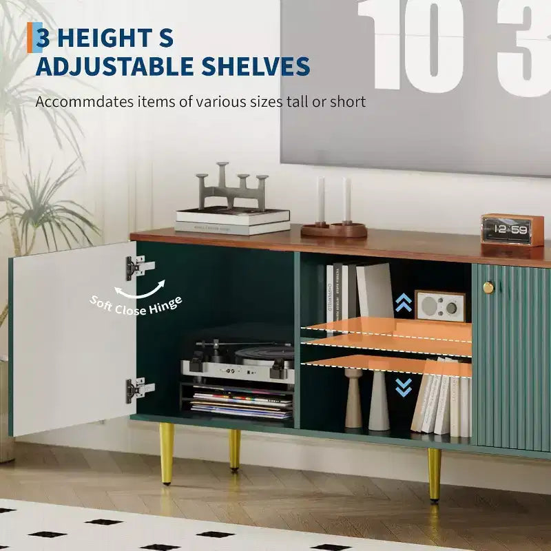 Meuble TV cannelé de 55 po avec 2 portes et étagères réglables, meuble TV en bois avec rangement, console TV, unité de divertissement pour salon et appartement