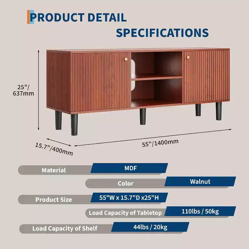 Meuble TV cannelé de 55 po avec 2 portes et étagères réglables, meuble TV en bois avec rangement, console TV, unité de divertissement pour salon et appartement