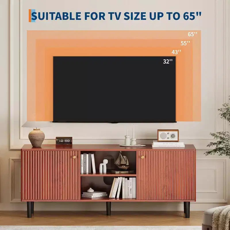 Meuble TV cannelé de 55 po avec 2 portes et étagères réglables, meuble TV en bois avec rangement, console TV, unité de divertissement pour salon et appartement