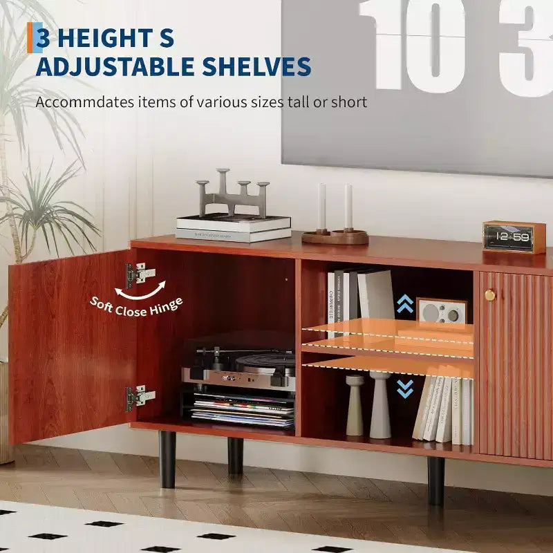 Meuble TV cannelé de 55 po avec 2 portes et étagères réglables, meuble TV en bois avec rangement, console TV, unité de divertissement pour salon et appartement