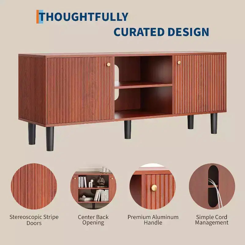 Meuble TV cannelé de 55 po avec 2 portes et étagères réglables, meuble TV en bois avec rangement, console TV, unité de divertissement pour salon et appartement