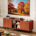 Meuble TV cannelé de 55 po avec 2 portes et étagères réglables, meuble TV en bois avec rangement, console TV, unité de divertissement pour salon et appartement