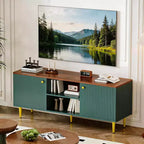 Meuble TV cannelé de 55 po avec 2 portes et étagères réglables, meuble TV en bois avec rangement, console TV, unité de divertissement pour salon et appartement