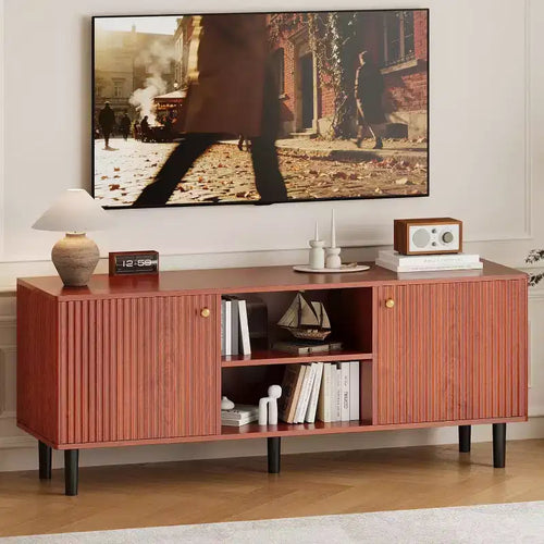 55'' Fluted TV Stand with 2 Doors & Adjustable Shelves, Wood TV Cabinet with Storage, TV Console Table Entertainment Unit for Living Room Apartment