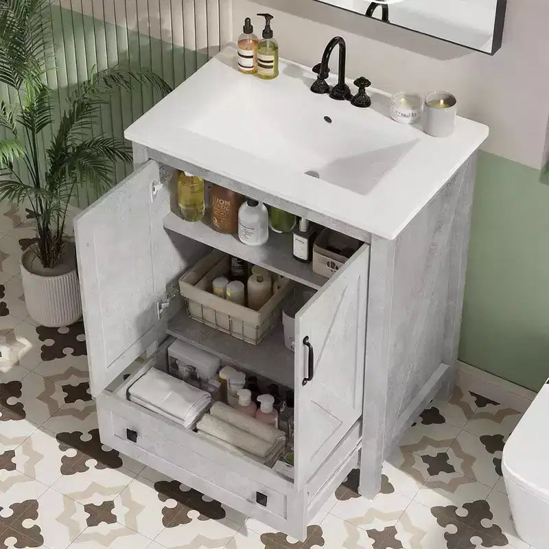 Meuble sous-vasque moderne de 24/30 pouces avec évier en céramique, 2 portes, 1 tiroir, meuble de salle de bain autoportant au design contemporain pour vos salles de bain