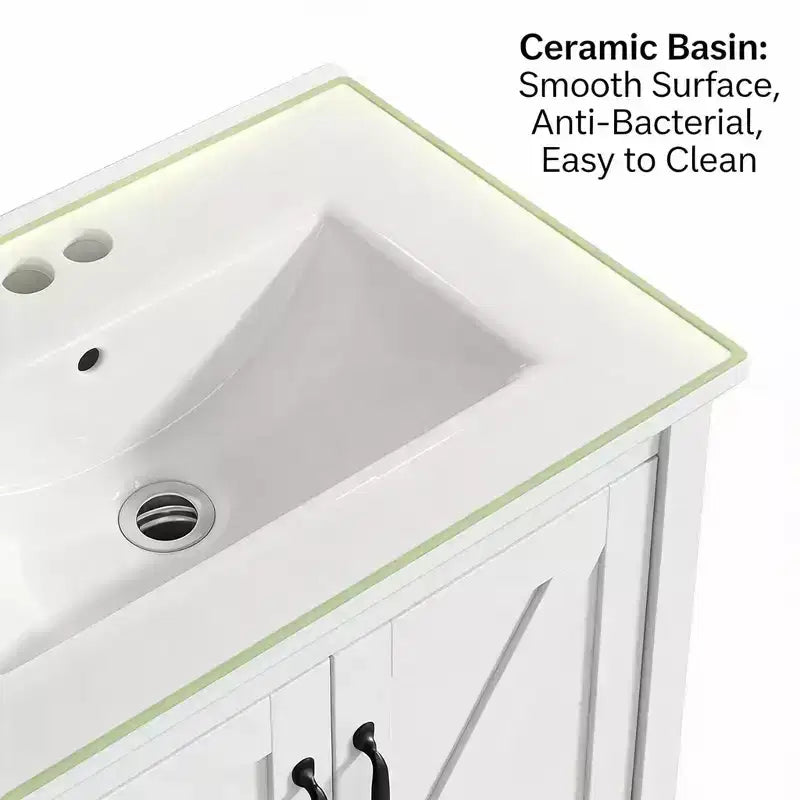 Meuble sous-vasque moderne de 24/30 pouces avec évier en céramique, 2 portes, 1 tiroir, meuble de salle de bain autoportant au design contemporain pour vos salles de bain