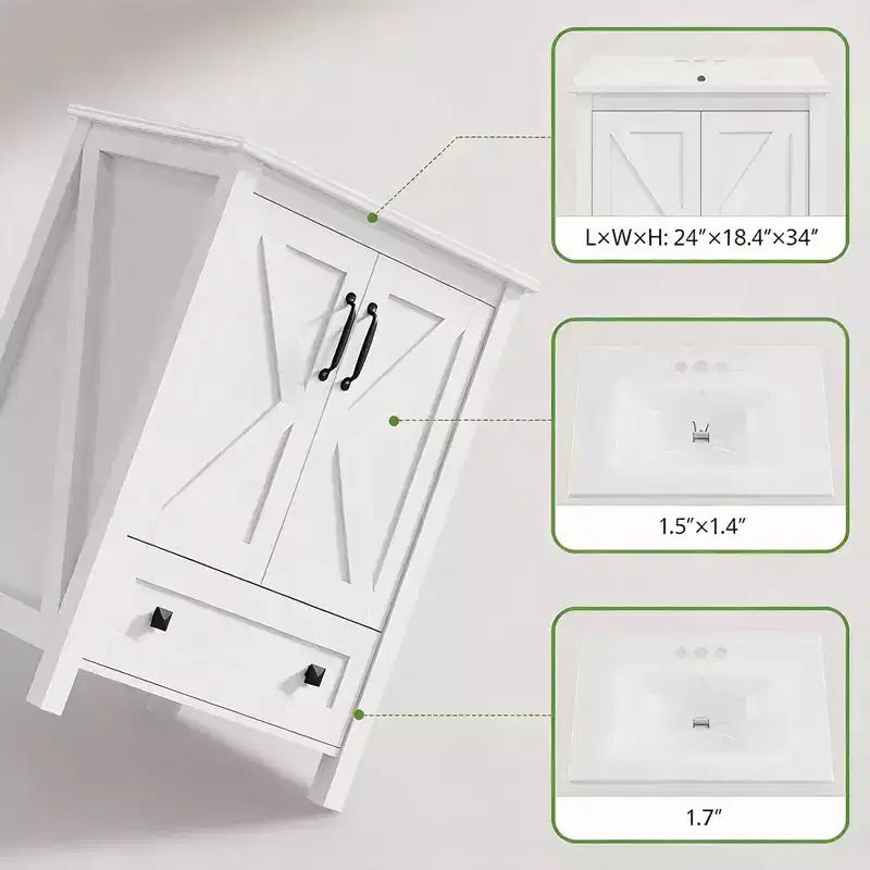 Meuble sous-vasque moderne de 24/30 pouces avec évier en céramique, 2 portes, 1 tiroir, meuble de salle de bain autoportant au design contemporain pour vos salles de bain