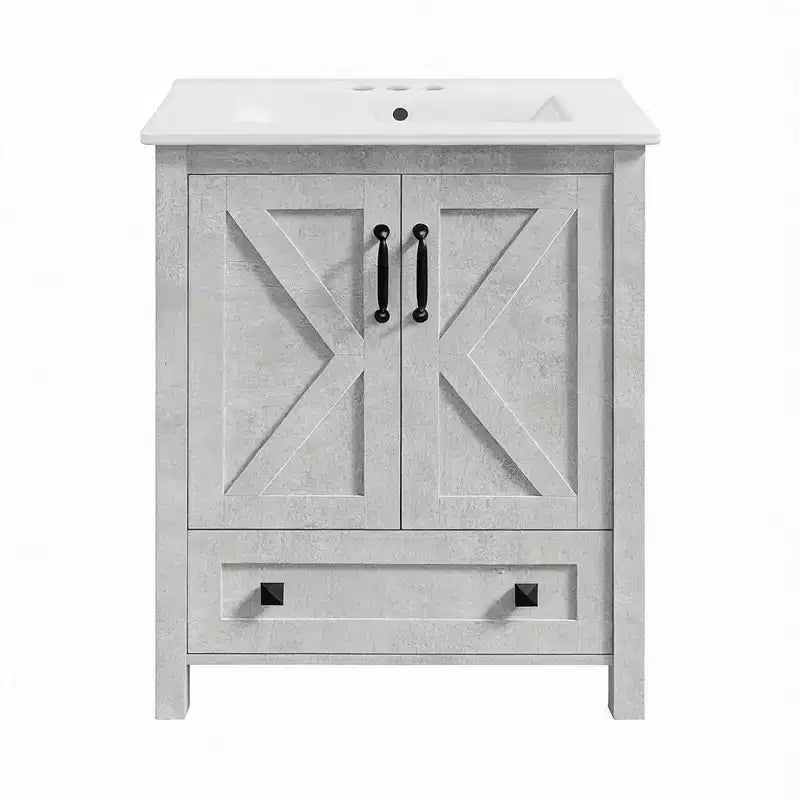 Meuble sous-vasque moderne de 24/30 pouces avec évier en céramique, 2 portes, 1 tiroir, meuble de salle de bain autoportant au design contemporain pour vos salles de bain