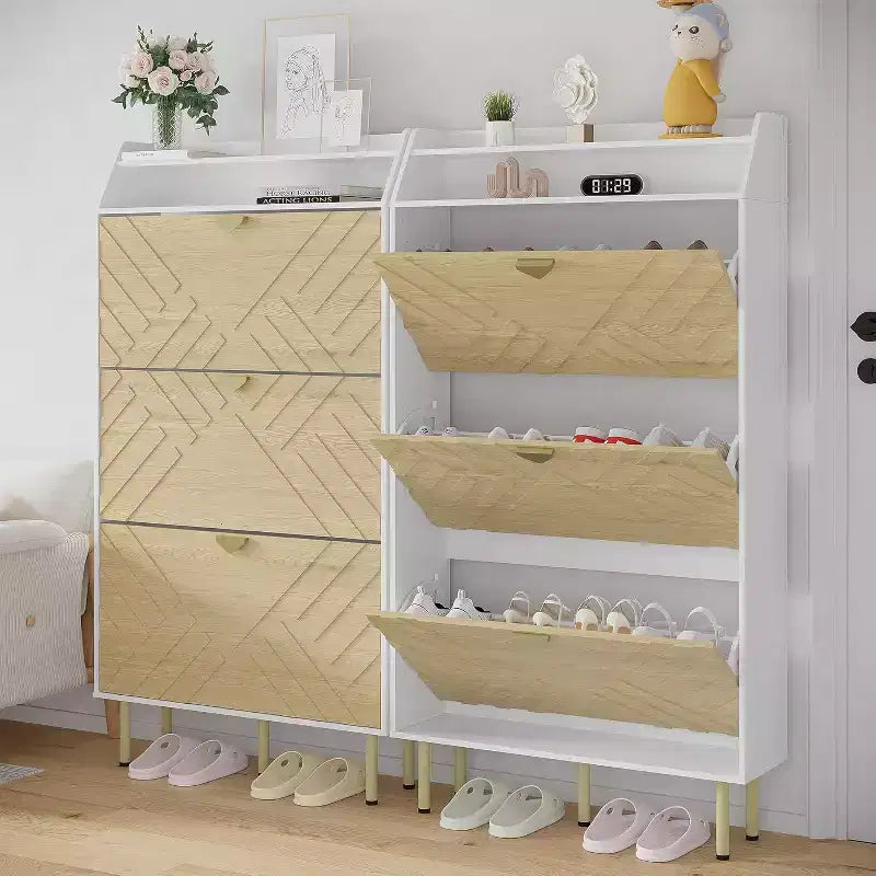 Meuble à chaussures étroit et peu encombrant, avec 3 tiroirs basculants, meuble à chaussures dissimulé sur pied, meuble de style ferme en bois pour entrée et couloir.