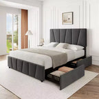 Cadre de lit plateforme rembourré avec tête de lit réglable et tiroirs de rangement, lattes en bois, aucun sommier tapissier requis, chambre moderne