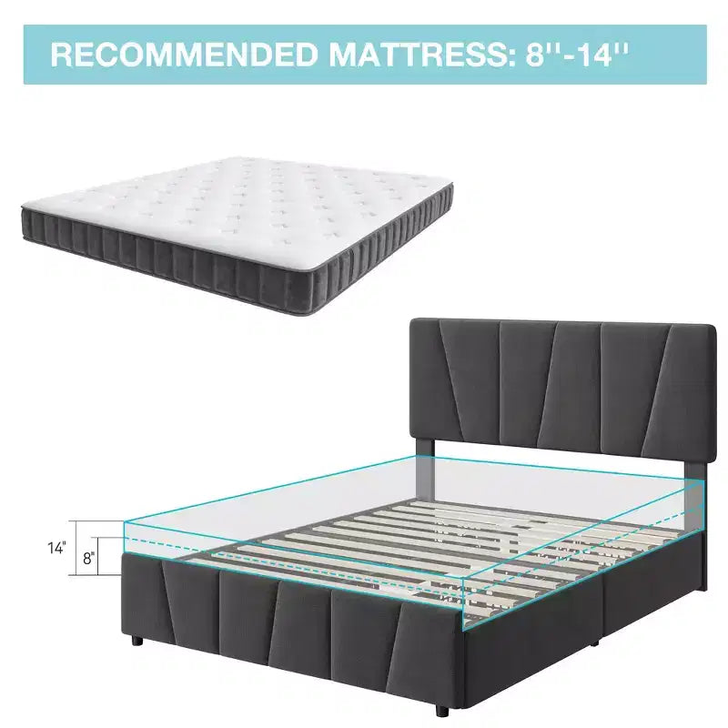 Cadre de lit plateforme rembourré avec tête de lit réglable et tiroirs de rangement, lattes en bois, aucun sommier tapissier requis, chambre moderne