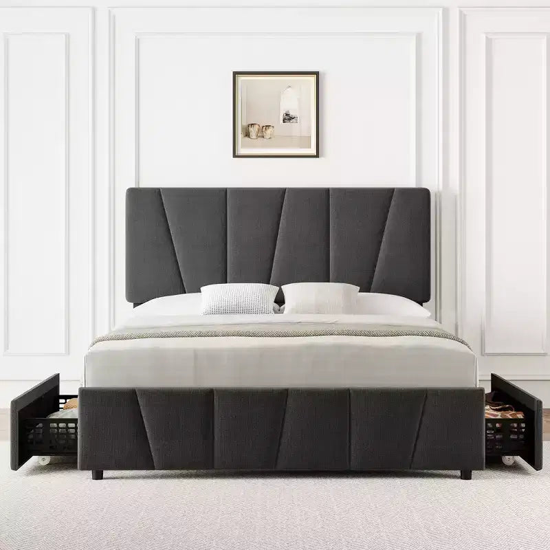 Cadre de lit plateforme rembourré avec tête de lit réglable et tiroirs de rangement, lattes en bois, aucun sommier tapissier requis, chambre moderne
