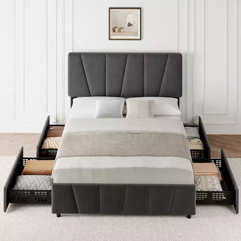 Cadre de lit plateforme rembourré avec tête de lit réglable et tiroirs de rangement, lattes en bois, aucun sommier tapissier requis, chambre moderne