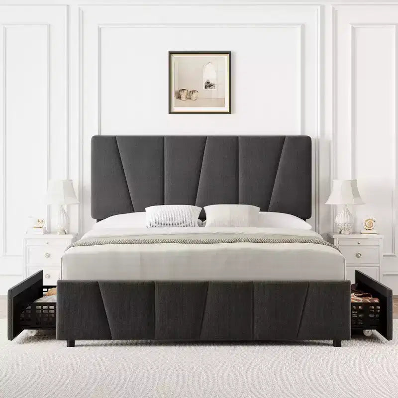 Cadre de lit plateforme rembourré avec tête de lit réglable et tiroirs de rangement, lattes en bois, aucun sommier tapissier requis, chambre moderne