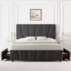 Cadre de lit plateforme rembourré avec tête de lit réglable et tiroirs de rangement, lattes en bois, aucun sommier tapissier requis, chambre moderne
