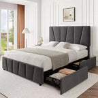 Cadre de lit plateforme rembourré avec tête de lit réglable et tiroirs de rangement, lattes en bois, aucun sommier tapissier requis, chambre moderne